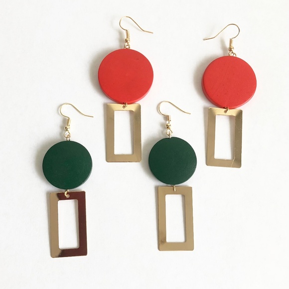 NEW "Theory" Wooden Geometric Earrings (Green) - Picture 4 of 5